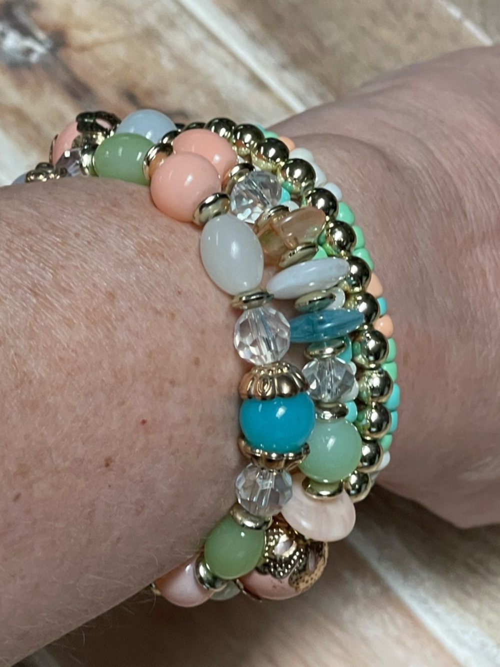 Pastel, Turquoise, Aqua, Green, Pink & Gold Multi-Strand Stretch Bracelet